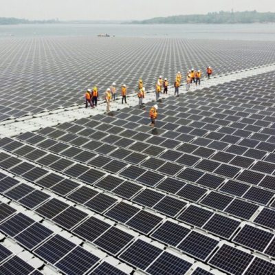 Prime Minister Narendra Modi inaugurates the 100 MW floating solar power plant project in Ramagundam.